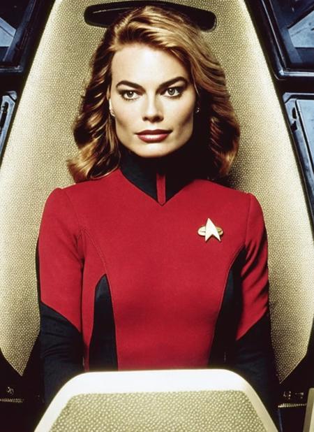 bokeh, A stunning intricate full color portrait photo of Margot Robbie,
wearing a (strtrk uniform), interior ship background,
(sitting in the captain chair on the spaceship),
epic character composition in star trek world,
by ilya kuvshinov, alessio albi, nina masic,
sharp focus, natural lighting, subsurface scattering, f2, 35mm  <lora:startrek_uniform_lora_5000:1.35>