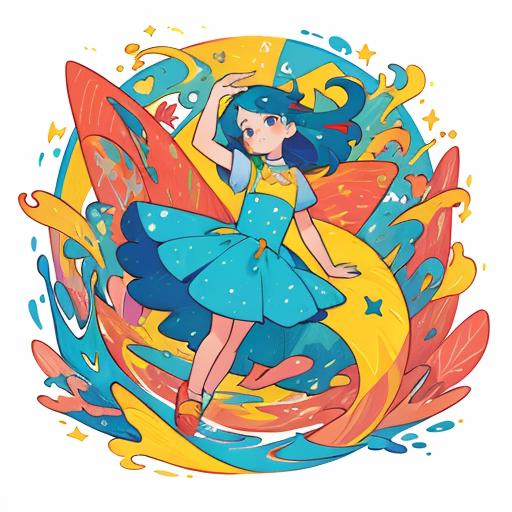 (masterpiece, best quality:1.3), (flat color:1.3),(colorful:1.3),looking at viewer,1girl,solo,floating colorful water,(2D:...