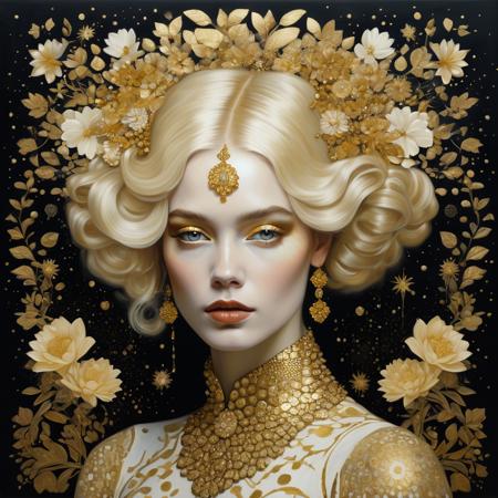 a painting of a blond french woman with flowers in her hair, mark brooks and brad kunkle, elaborate gold jewelry, paint swirls and phyllotaxis, portrait of a female android, profile picture 1024px, inspired by James C. Christensen, looks like a mix of grimes, uniquely beautiful, baroque marble and gold in space, made of dots