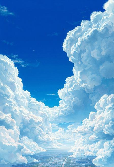 Vast anime-style sky with a massive textured cloud cover stretching across the entire scene, intricate structural cloud formations with detailed bumps and organic folds, scattered open gaps revealing patches of bright blue sky, cinematic view over a peaceful cityscape below, soft sunlight streaming through cloud breaks, pastel color palette (baby blue, soft white, light pink), highly detailed Ghibli-inspired artwork, hyper-realistic watercolor texture, dreamy and emotional atmosphere, 4K ultra-high resolution