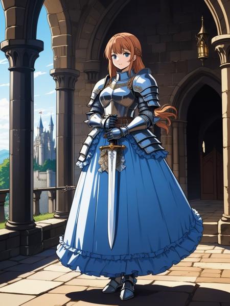 woman holding sword, knight, plate armor, frilly dress, castle, detailed background, high quality, masterpiece, lineart, (anime style:1.3), cel shading