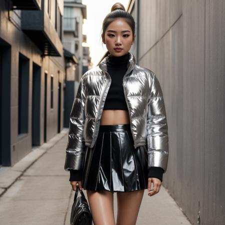 <lora:shiny silver jacket:0.8> shiny, silver jacket  puffer , pleated skirt,  two asian 25 year old women , in the alley,(8k, best quality, masterpiece:1.2), (realistic, photo-realistic:1.37), ultra-detailed, looking at viewer, full body, warm tone, cinematic light,  slim body, ponytail hair, upper body,