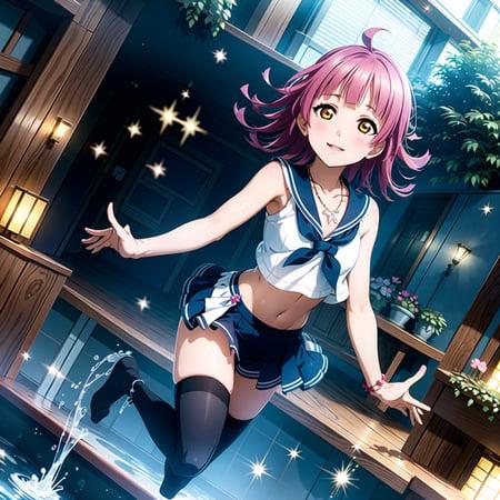 best quality, ultra high res, (photorealistic:1.4), 1girl, full body,bare shoulders, half body under water,cinematic angle,from behind,thigh gap,cleavage,revealing,see-through,professional lighting,thighhighs,sailor collar,necklace,smile,