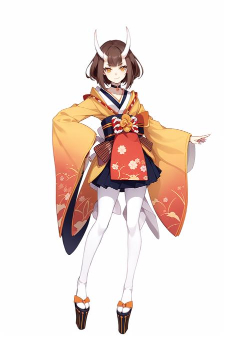 Concept art,Japanese two-dimensional style,game character design,1girl,solo,brown hair,white background,white pantyhose,full body,pantyhose,horns,skirt,japanese clothes,platform footwear,wide sleeves,simple background,looking at viewer,pleated skirt,yellow eyes,kimono,bangs,long sleeves,hair rings,hair ornament,smile,obi,closed mouth,sash,short hair,choker,oni horns,standing,<lora:erciyuanV5:0.8>,