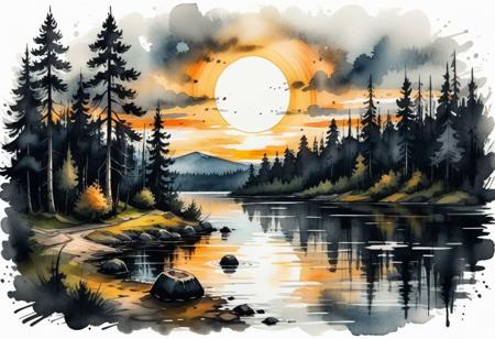 (Ink illustration on parchment). shishkin style landscape, dark water, big forest lake, deep forest, fir tree, spherical flowers, sunset, rough ink sketch, moody, gloomy, dark picture, high contrast, stylized.