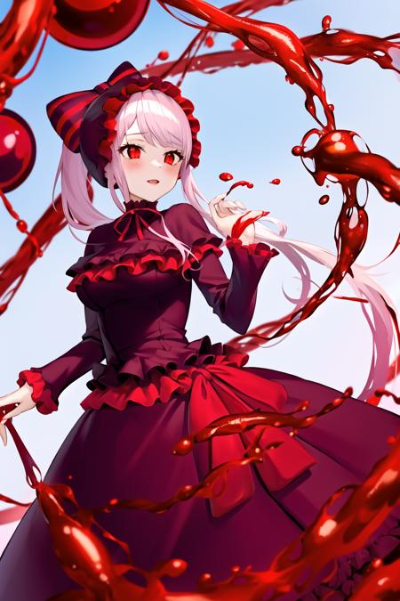 shalltear bloodfallen, casual dress, blood pool, 1girl, red eyes, solo, dress