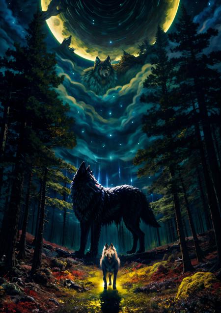 Wolf, Very Very Very Big, Fenrir, dark fur, Night, Forest, Trees, Yellow glowing eyes, Sharp image,, oil painting from studio ghibli film, by noriyuki morimoto, digital artist, bright and bold colors, expansive sky, sense of adventure, epic scope studio ghibli<lora:more_details:1.0>