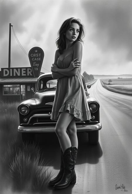 An ultra-HD charcoal drawing, rendered in a high-contrast, low-key lighting style. A young woman with fair skin, wearing a sundress and cowboy boots, leans against a vintage car, gazing thoughtfully into the distance. The scene depicts a classic American small town with a diner, road, and fields, all shrouded in deep shadows and hazy soft light.