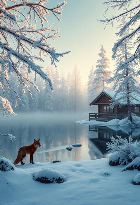 Frozen lake's glassy surface mirrors the frosty trees' delicate rime ice, their branches sparkling like diamonds in soft morning light. Snow-encrusted pines stretch towards the pale blue sky, their limbs etched in crystalline clarity. The wooden cabin's windows warm against the cold, while mist rising from the lake creates an otherworldly haze. A single red fox stands at the edge of the ice, its fur a vivid contrast to the frosty surroundings. Snow-crystals glisten like microscopic jewels on tree branches and surrounding rocks. Hyper-realistic lighting captures the serene atmosphere, inviting exploration of this peaceful winter wonderland.