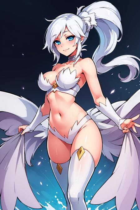 Reshiram,  blue eyes, claws, no humans,  1girl, blue eyes, emukon, legs, navel, personification, ponytail, thighhighs, white hair,