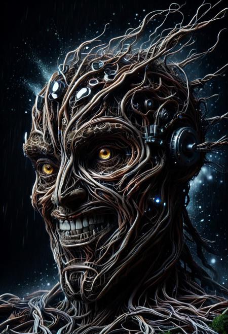 masterpiece, professional photography, insane quality, close-up view of a robotic face like Terminator - a hi-tec sci-fi robot made from morph-treeroots, smiling, eye blinking, burning planet, solemn atmosphere, rain drops on drak black background, scifi, metal mixed with wires and glass, hi-tec, geometric asymmetrical composition, photo for movie poster, aesthetics:1.3, 4k, highest resolution, negative space above, intricate details, depth of field:1.4,  dramatic light, atmospheric lighting