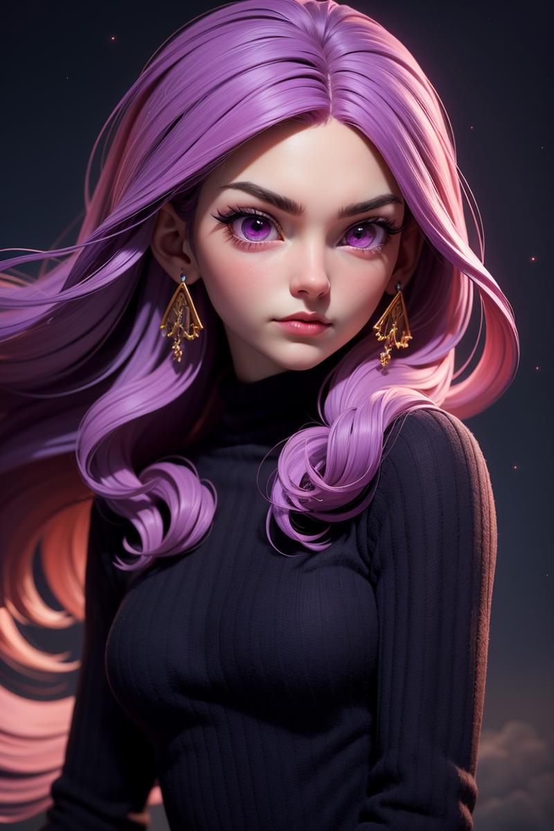 A purple haired anime girl wearing a black shirt and purple earrings.