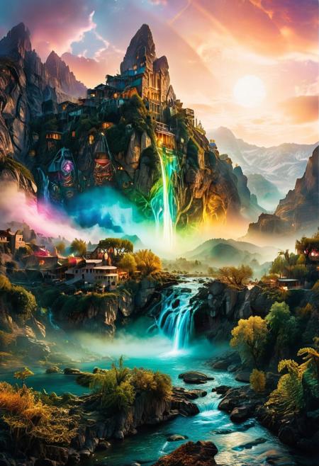 (by Ellen Jewett:1.5), (Bioluminescent Impressionism, Egyptian landscape, The Dreamland,, their peaks veiled in mist. mixed media, surrealism, great lighting, A surreal landscape highly detailed . extremely high-resolution details,  appears trapped in an optical illusion of reflections and refractions colorful , mountains and village in Turkey, professional photography, natural lighting, volumetric lighting maximalist. intricately detailed, complex, elegant, expansive, fantastical, waterfall, ethereal landscapes, depth of field, biotech emotion:1.3) <lora:xl_more_art-full_v1:0.5> <lora:add-detail-xl:1> <lora:RMSDXL_Creative:2>