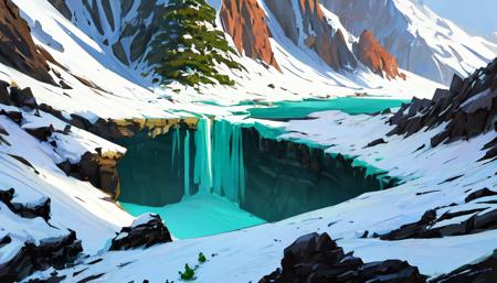 Conceptart,Concept Art,SamWho,mksks style, green moss, species, overlooking chasm, Mountains, Ice, Snow