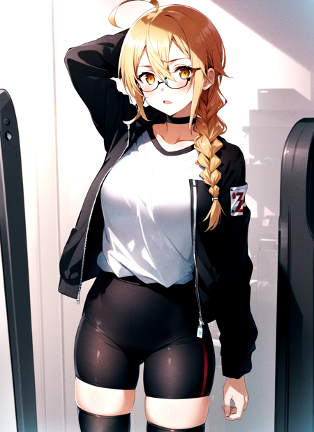 bunbun <lora:bunbun_offset:1>, masterpiece, best quality, 1girl, ahoge, arm up, artist name, bike shorts, black-framed eyewear, black thighhighs, blonde hair, blush, braid, breasts, choker, glasses, gym uniform, hair between eyes, jacket, medium breasts, semi-rimless eyewear, shirt, sidelocks, solo, thighhighs, under-rim eyewear, white shirt, yellow eyes