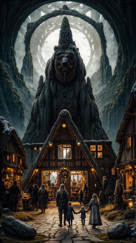 a portrait of mysterious entities, scary grin512, <lora:XSArchi_127:0.3> fantasy viking tribal cities, ((nordic, villages, family:1.3)), (stone, ethnic engraving), neanderthal and homo sapiens war, fjord, market, bear, majestic apartment, tree house, golden cities, wonderful cinematic, futuristic, scifi, magical, <lora:djzMarketplaceV21:0.2> marketplace style, crowd, people, standing, building, pottery, garden, ((perfect quality)), <lora:add_detail:1>