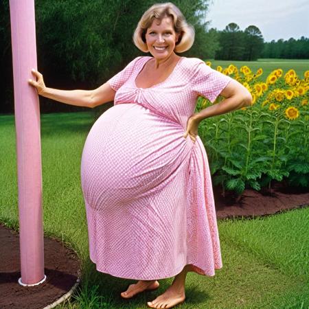 full-body photo of a very pregnant smiling elderly woman. She is wearing a pink maternity dress. She is standing barefoot.