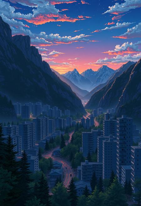 picturesque wilderness nature, night, stunning landscape of a city built on mountainous terrain,contrast between dull buildings and breathtaking nature, 2D cartoon in retro anime style, old anime, sunrise, rows of identical gray apartment buildings, beautiful sky, mountains,