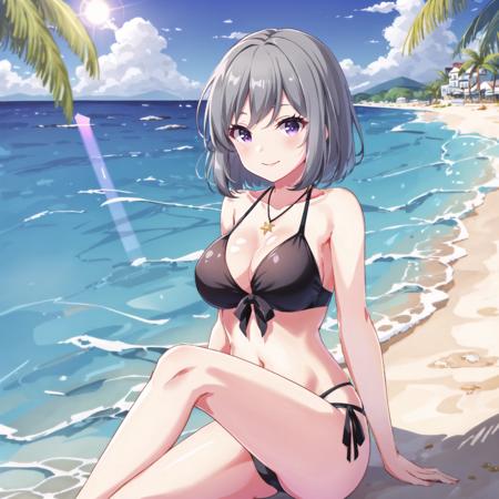 (high quality, best quality), 1girl, solo, kanzaki rio, swimsuit, <lora:rio2-000007:0.75>, barefoot, sitting, knees_up, arms_behind_back, smile, blush, beach, ocean, sunset, lens_flare, hdr