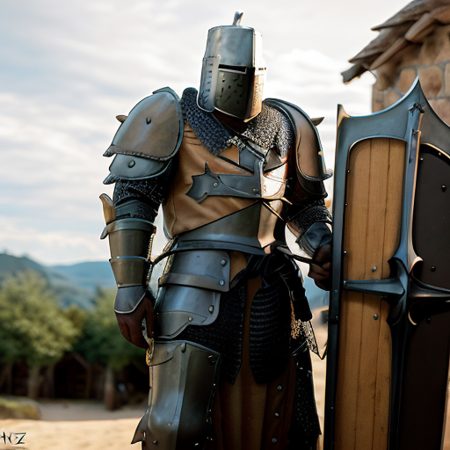 an heavyknight, standing in front  of medieval village, waering armor, tabar,  full-length photo, 70mm lens, symmetrical, posing, sharp, textured skin,  realistic,intricated detailed,  (perfect fingers:1.2),  photographed by a Nikon Z7 II Camera,(high detailed armor:1.2),8k uhd,  <lora:heavyknight-000008:1>