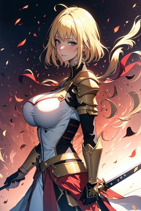 chae, 1girl, solo, looking at viewer, short hair, blonde hair, standing, weapon, sword, artist name, armor, from side, shoulder armor, gauntlets, sheath, sheathed, masterpiece, anime, realistic, high quality, magic, smile, blush, mature woman, big breast, slim, <lora:chae:1>