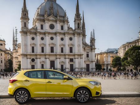 an yellow pearl evo parked in front of a baroque duomo with japanese nuclear  atomic missiles installed on top and with some big marble Saint's busts rulling in the plaza in a sunny summer daylight <lora:evo_car_D-adaptation-LoRA_SD21-768_v044-000010:0.6>