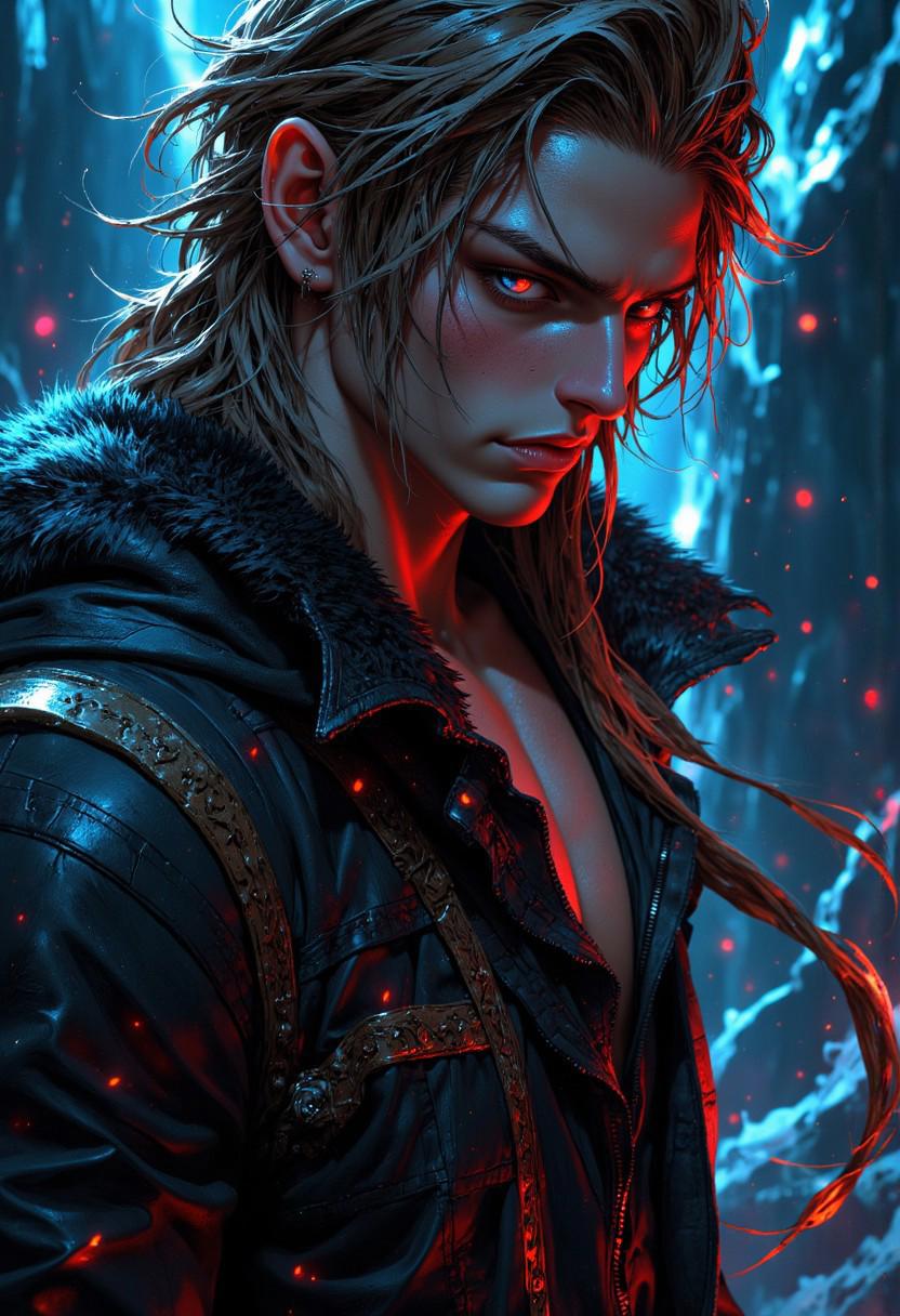 A close-up, semi-realistic digital illustration of Squall Leonhart, reimagined as a brooding vampire. He wears a black leather jacket with fur-trimmed edges, revealing a red silk shirt that clings to his frame, shimmering with subtle iridescence. His tousled brown hair falls over his intense blue-gray eyes, now glowing faintly with predatory hunger. Calm but deadly, his expression holds quiet menace, as if daring you closer. His parted lips reveal sharp fangs, hinting at danger beneath his stoic exterior. The background is a surreal twilight dreamscape—cool blues, silver fog, and streaks of crimson light swirl together like living clouds. Ethereal shards of ice and mist float around him, as beams of pale light break through the gloom, casting shadows across his sharp features. Glowing highlights reflect off his jacket, emphasizing his aura of quiet power and danger. The cinematic lighting evokes a painterly style inspired by Artgerm and WLOP, blending realism with ethereal fantasy. A soft bokeh effect enhances the mystical tone, with vibrant hues adding depth and atmosphere. (((Digital illustration))), close-up portrait, semi-realistic style, surreal twilight background, glowing iridescence, cinematic lighting BREAK ((best quality:1.6)), ((high details:1.5)), ((4K:1.5)), ((soft glows:1.3)), ((colorful surrealism:1.3)), ((ethereal atmosphere:1.3)).