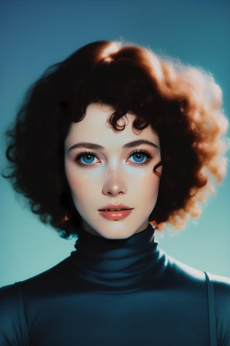 head shot, beauty photography of wo_heidi02, short curly hair, from above, wearing a turtleneck, bounced lighting, dreamy haze, detailed skin, skin blemish, sharp focus, shot on HOLGA 120n, Lomochrome color film, in the style of (Richard Avedon:1.4),  <lora:woHeidi02:0.85>