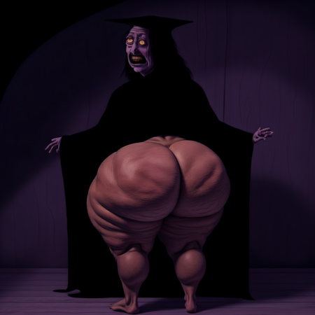 elderly, old, obese, hag, woman, black long robe, witch hat, long back hair