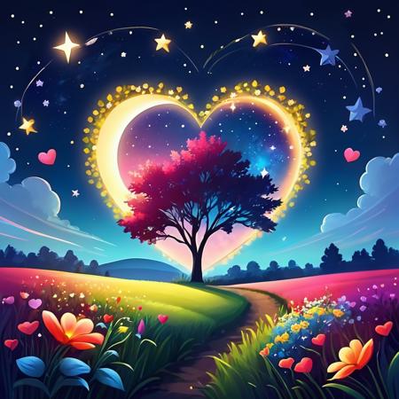 ValentineNatureStyle,flower,outdoors,sky,tree,no humans,night,grass,star (sky),heart shaped stars,heart shaped moon,nature,night sky,scenery,starry sky,field,colorful
,heart shaped flower,valentine,  <lora:ValentineNatureStyle:1>, <lora:add_detail:0.8> <lora:more_details:0.8> <lora:colorfix:0.8>