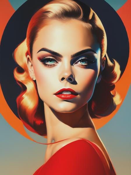 <lyco:RolfArmstrong:1.0> Cara Delevingne looking in camera, painting in the style of emiliano ponzi, rolf armstrong, light amber and red, eric canete, poster, delicate chromatics