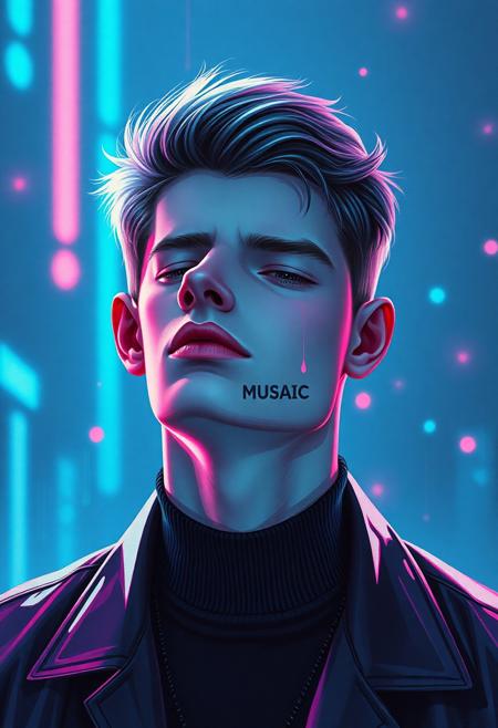 high quality design aesthetics, disco, eighties, synth pop, detailed, synthwave, melancholic, pop album cover for a sad love song, young white man, artist name "MUSAIC"