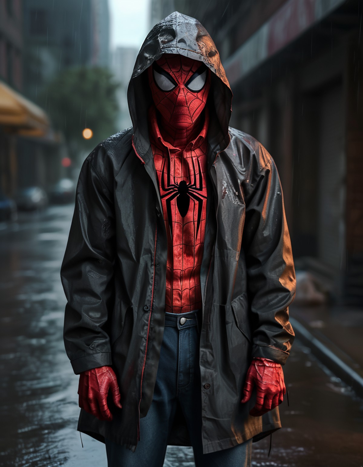 spider man wearing raincoat,  monster,  horrified,  horror,  shirt,  dark aesthetic,  jacket,  closed mouth,  blood,  real...
