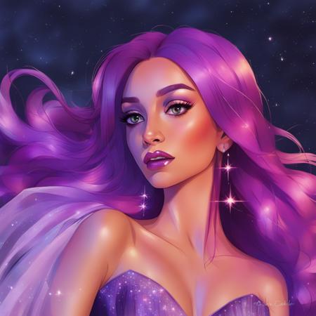 A waist-up portrait of an enigmatic artgerm style  <lora:artgerm_style-000005:1> woman with striking amethyst hair cascading over a shimmering gown that mirrors the night sky. She stands atop an ancient tower, lightning crackling around her outstretched hands, her eyes glowing with a powerful luminescence. The backdrop reveals a cosmic panorama with nebulae and constellations, all rendered in hyper-realistic detail (2.0 hyper detail), her silhouette cutting a dramatic figure against the vivid aurora borealis, her hair gently lifted by an otherworldly breeze, electrifying every strand (highest detailed, HDR+)