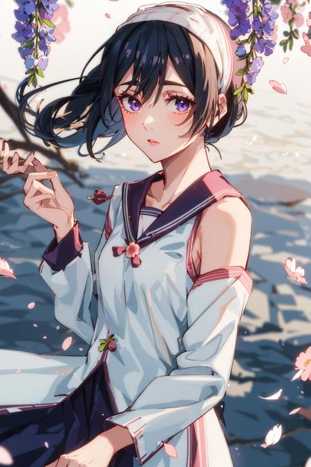 1girl, AmanaiRiko, bangs, bare_shoulders, blue_sky, blurry, blush, branch, breasts, brown_hair, cherry_blossoms, closed_mouth, collarbone, dango, day, dress, eyebrows_visible_through_hair, falling_petals, floating_hair, flower, graduation, hair_between_eyes, hanami, hand_up, holding, holding_flower, leaves_in_wind, long_hair, long_sleeves, looking_at_viewer, medium_breasts, off_shoulder, outdoors, parted_lips, petals, petals_on_liquid, pink_flower, pink_theme, plum_blossoms, rose_petals, sakura_miku, sanshoku_dango, shirt, sidelocks, sleeveless, small_breasts, solo, spring_\(season\), tree, tube, upper_body, white_dress, wind, wind_lift, wisteria  <lora:chara_AmanaiRiko:1>