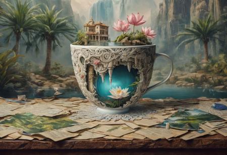 best quality double exposure complex surreal painting on cracked paper, 
macro microworld hyperdetailed insanely detailed surreal tiny genie spirit creature, 
flying oasis landscape placed inside cup on the table in room . waterfall, 
lotus flowers, 
temple palms desert filigree, 
table cinematic, 
big eyes 32k, 
by Rockwell, 
WLOP Ryniac, 
Craola, 
Disney, 
van Gogh, 
highly detailed, 
intricated, 
intricated pose, 
high quality, 
centered, 
perfect composition.