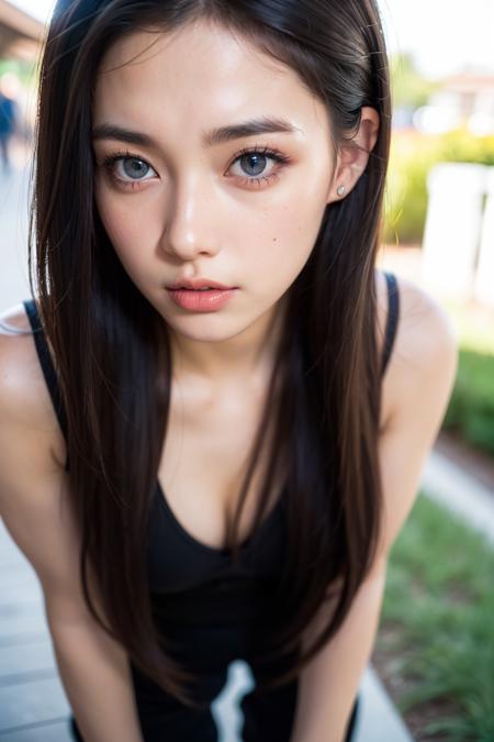 1girl,full body,solo,(8k, RAW photo, best quality, masterpiece:1.3),(realistic, photo-realistic:1.37),realistic skin texture,(photorealistic:1.3),(hyperrealistic:1.2),( beautiful eyes:1.2),perfect face,standing,black hair,long hair,outdoors,