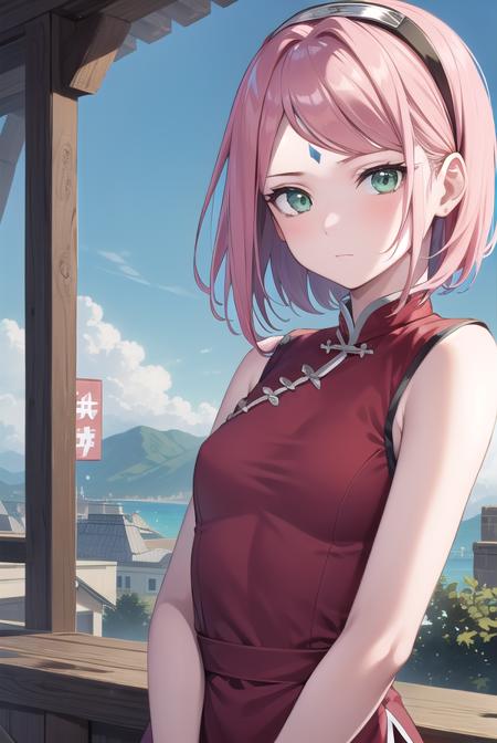 sakuraharuno, <lora:sakuraharunotest-000010:1>, 
sakura haruno, short hair, bangs, (green eyes:1.5), pink hair, hairband, facial mark, (forehead mark:1.2), red hairband, (swept bangs:1.5), (small breast:1.2),
BREAK chinese clothes, dress, red dress, short skirt, black shorts, gloves, black gloves, sleeveless,
BREAK looking at viewer,
BREAK outdoors, city, nature, forest,
BREAK <lyco:GoodHands-beta2:1>, (masterpiece:1.2), best quality, high resolution, unity 8k wallpaper, (illustration:0.8), (beautiful detailed eyes:1.6), extremely detailed face, perfect lighting, extremely detailed CG, (perfect hands, perfect anatomy),