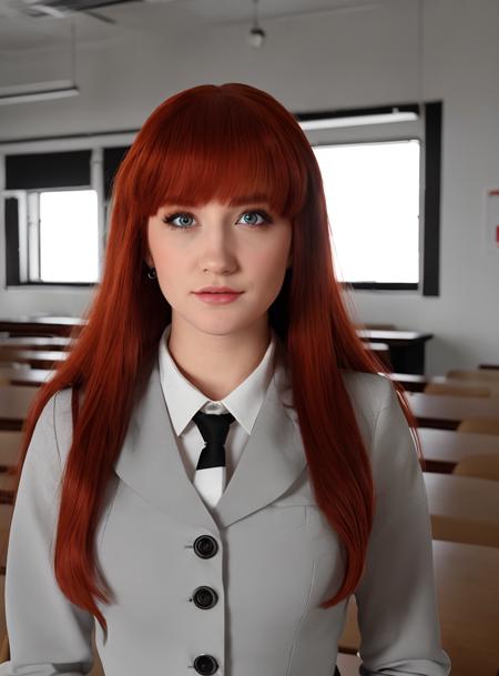 woman wearing teacher suit in classroom dramatic lighting, upper body, facing viewer, beautiful woman medium long red hair, <lora:SkyBlueV5:0.7>, perfect eyes, facing viewer