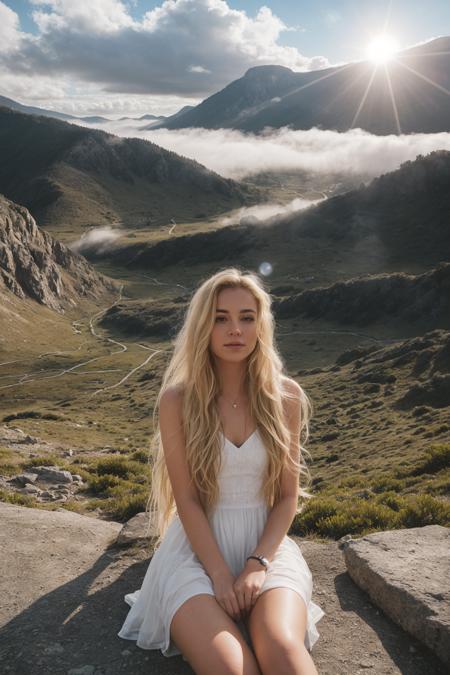 (8K, Breathtaking Selfie of a Beautiful Girl), look at camera, many details, foggy valley Background, sits high on the mountain, blonde hair, long hair, hair blowing in wind, crazy sky, rays of sunshine break through the clouds,   <lora:zoom_slider_v1:-0.2>, <lora:colorify:0.5>,