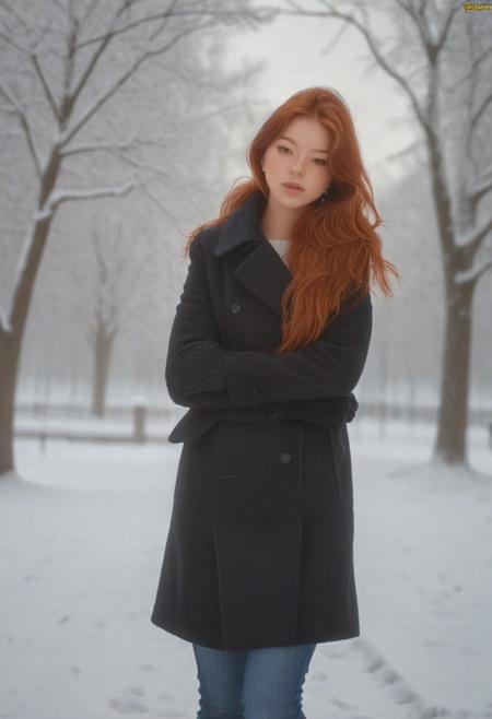 em5588, 18 yo, best illustration, illustration, masterpiece, best quality, ultra-detailed, photo of beautiful woman ,seductive, red hair.coat  ,in the park,   Winter, snow  ,  masterpiece) (best quality) (detailed) (8k) (HDR) (wallpaper) (cinematic lighting) (sharp focus) (intricate)