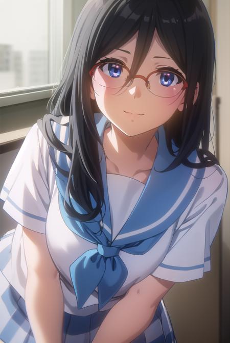 asukatanaka, <lora:asuka tanaka s2-lora-nochekaiser:1>,
asuka tanaka, long hair, black hair, blue eyes, glasses, semi-rimless eyewear, red-framed eyewear, over-rim eyewear, hair between eyes, smile,
BREAK skirt, shirt, school uniform, white shirt, short sleeves, pleated skirt, serafuku, sailor collar, blue skirt, neckerchief, blue sailor collar, school bag, green neckerchief, kitauji high school uniform,
BREAK indoors, classroom,
BREAK looking at viewer, (cowboy shot:1.5),
BREAK <lyco:GoodHands-beta2:1>, (masterpiece:1.2), best quality, high resolution, unity 8k wallpaper, (illustration:0.8), (beautiful detailed eyes:1.6), extremely detailed face, perfect lighting, extremely detailed CG, (perfect hands, perfect anatomy),