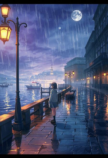 Vertical 9:16 cinematic anime scene, ultra-detailed 4K, in the style of “Weathering with You” key art: a lone girl in a rain-drenched school uniform standing on a paved riverside promenade flanking a wide river; ornate streetlamps cast warm pools of light on slick stones, historic windows glow softly behind; small boats bob gently at the docks; soft purple-blue mist hovers over the water; feenstaub dust motes drift in lantern light; layered clouds recede into depth; volumetric rain-pierced moonbeams; parallax-ready composition with lamp post crisp in foreground, girl in sharp midground, distant city lights blurred in background; hyper-detailed watercolor cel shading, wet pavement reflections, subtle bloom and film grain; mystical, emotional depth