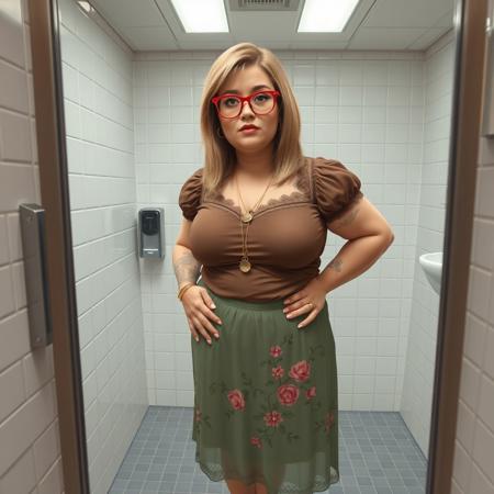 masterpiece portrait of chubby woman in a mirror selfie::1.4, realist digital style::1.2, contemporary portrait art::1.1,
(physical description: chubby build, blonde/light brown shoulder-length straight hair, visible tattoo on left forearm:1.1),
(facial features, expression: partially visible face, red/pink frame glasses, neutral expression with focus on mirror reflection:1.0),
(clothing details: brown short-sleeved blouse with puffed sleeves and lace/brocade detail, sage green midi-skirt with pink and green floral embroidery and sheer overlay, brown ballet flats:1.0),
(accessories: long gold necklace with a circular pendant, red/pink framed glasses:0.9),
(background setting: public restroom or bathroom, white tiled walls, grey and white checkered tile floor, mirror reflection includes sink and soap/paper towel dispenser:0.9),
(lighting style: cool fluorescent overhead lighting typical of restrooms:0.8),
(composition and camera framing: selfie-style mirror composition, subject centered in reflection with hand on hip:1.0),
(emotional tone or theme: casual, confident, body-positive everyday moment:0.9),
(technical execution: clean linework, soft textures on fabric and skin, reflective surfaces well-rendered in mirror:0.8)
