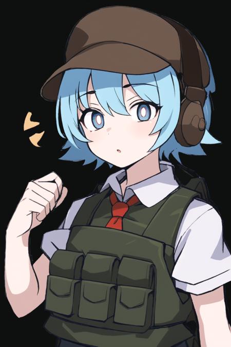 1girl,solo,
<lora:CRN_V10:0.9> CRN,(blue eyes,round eyes,white pupils:1.2),light blue hair,green FLC Vest,Utilty Pouch,white shirt,brown short pants,earmuffs,(brown Tactical Cap:1.0)