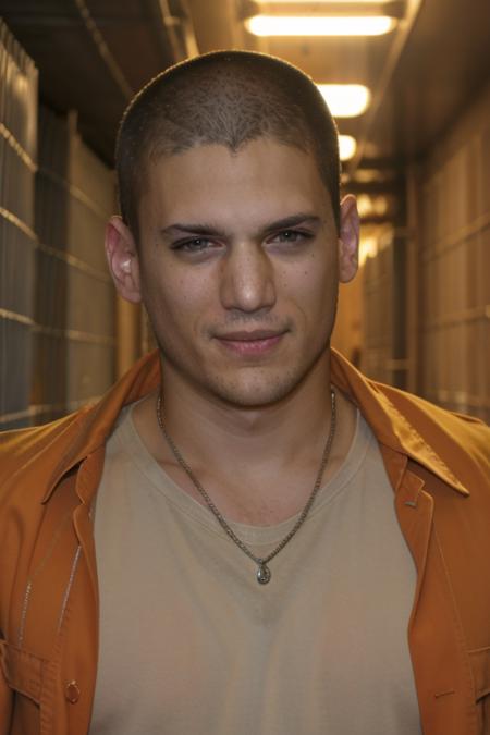 upper body portrait, w3nm1l, handsome man, facial focus, looking at viewer, piercing eyes, handsome, buzz cut, short hair, in an orange prison uniform, wearing dogtags, in an alleyway at night, amateur, candid