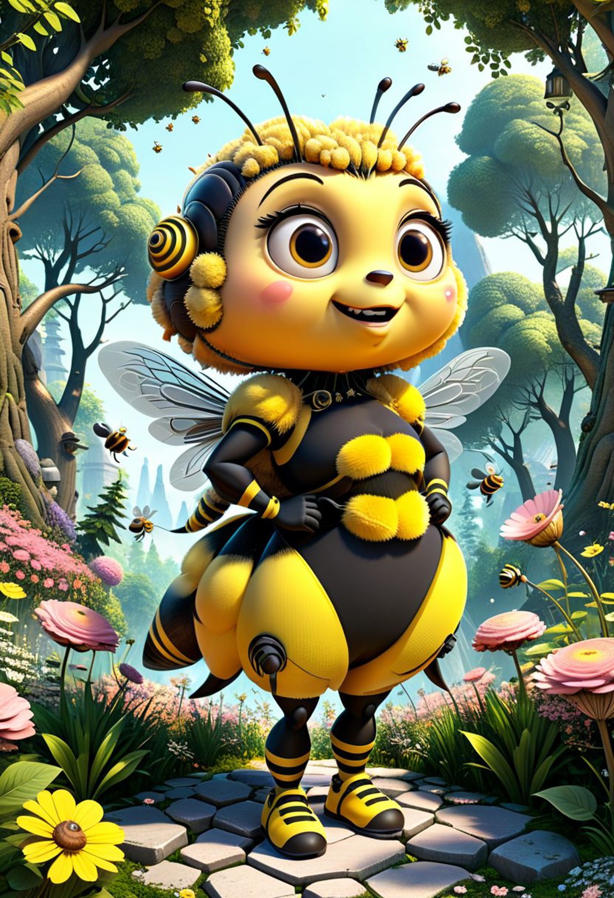 3D rendering of a cute female  bee character,love facial expression, exaggerated action, 3D character, a little fluffy, ca...