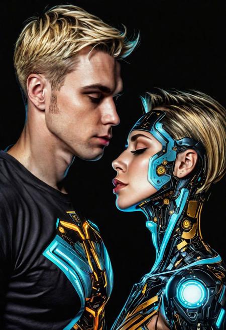( Ultradetailed desing T-Shirt square inside portrait woman and take only head Android man and kissing, Sci-Fi marc , 8k , tecnology detailed,chips, mechanism, beautiful neon colors , blonde and black hair, t-shirt desing:1.2)