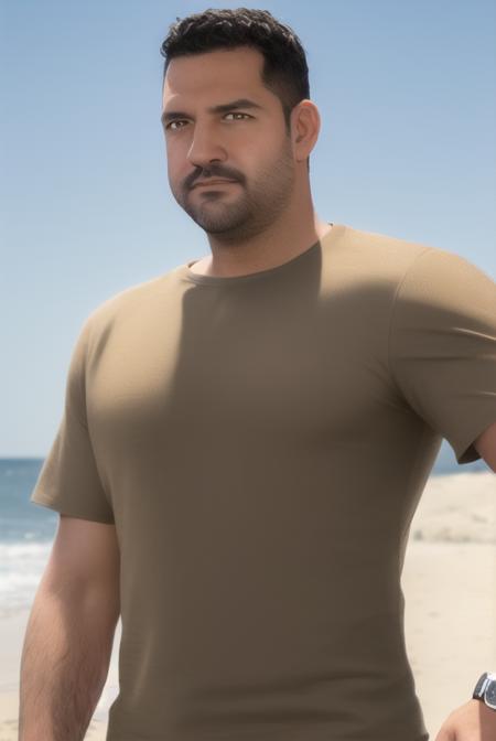 <lora:bogg_dann:0.8>, bogg dann, masterpiece, best quality, 1boy, solo, male focus, shirt, wristwatch, watch, facial hair, outdoors, black hair, closed mouth, short sleeves, realistic, blurry, brown shirt, t-shirt, photo background, sky, towel on one shoulder, towel, striped shirt, beach, cowboy shot,