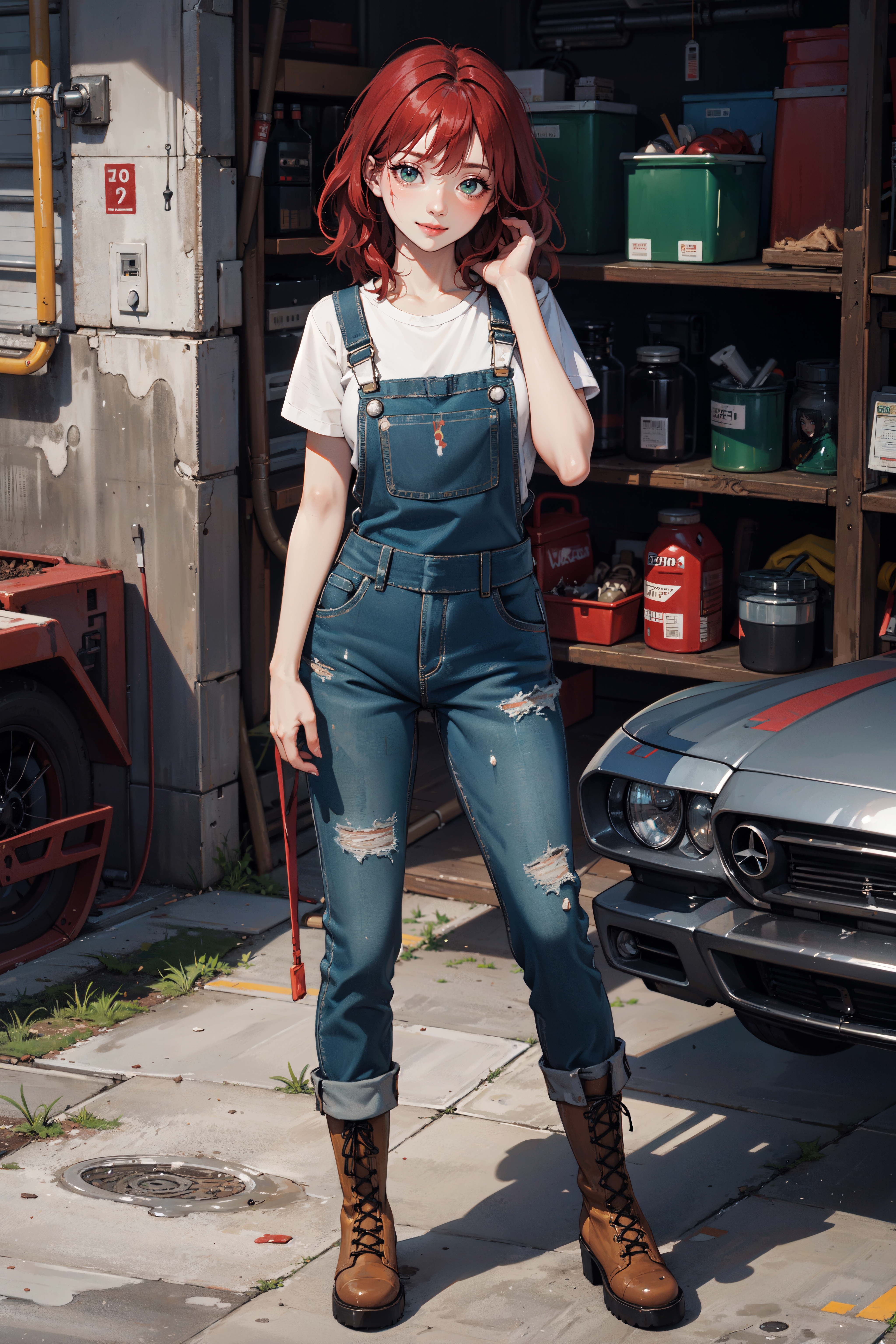 A woman in a denim overalls and a white shirt standing near a car.